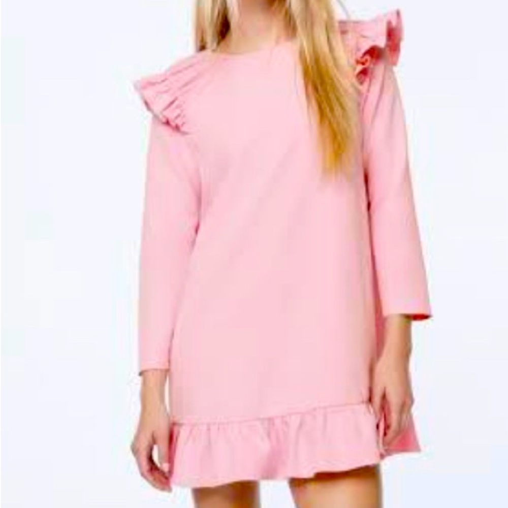 ❌sold❌Zara Bubble Gum Pink Ruffled Shoulder Dress 🌸